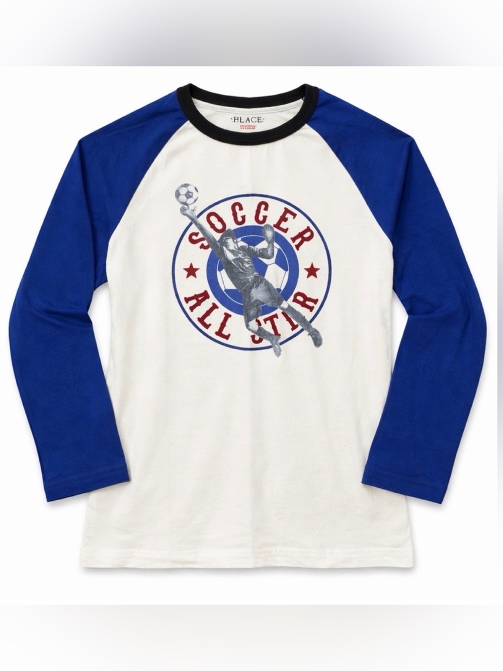 Children’s Place Boys Sz 5/6 Soccer All Star Raglan Long Sleeve Shirt Blue White